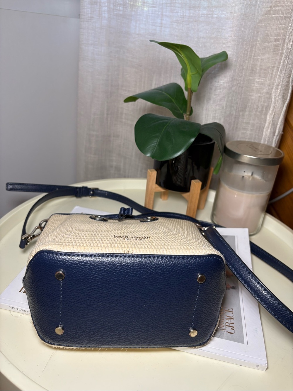 kate spade Cream and Navy Straw Crossbody Bucket Bag - Picture 3 of 7